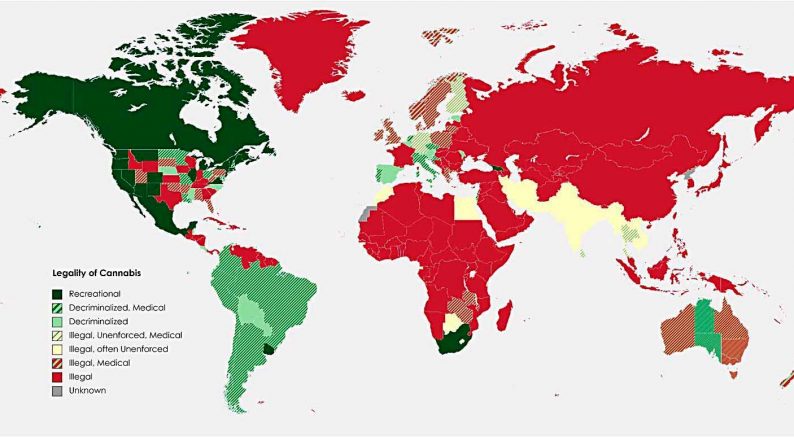 Политическая карта со странами, легализовавшими каннабис